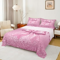 Manfei Sequin Print Bed Sheets Twin, Princess Bowknot Twin Sheet Sets, Light Pink Bedding Sets Twin Size, Breathable Bedroom Decoration, 3-Piece