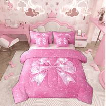 Manfei Sequin Print Bed in a Bag Twin size, Princess Bowknot Bed Set, Hot Pink Reversible Bedding Twin Size, Lightweight Bedroom Decoration, 7 Pieces