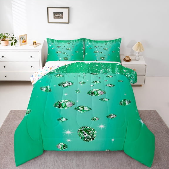 Manfei Sequin Print Bedding Comforter Set,Diamond Pattern Twin Comforter Sets,Green Bling Bedding Set,Lightweight Room Decor Reversible,2pcs
