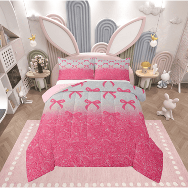 Manfei Sequin Print Bedding Sets with Comforter, Hot Pink Comforter Sets, Princess Bowknot Reversible Down Comforter, Microfiber Bedroom Decorative, 2 Pieces