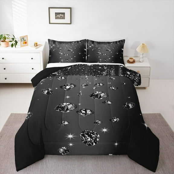 Manfei Sequin Print Queen Comforter Set,Diamond Pattern Bedding Sets,Black Gray Bedding Comforter Set,Lightweight Room Decor Reversible,3 Pieces