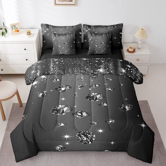 Manfei Sequin Print Twin Bedding Sets 7pcs,Diamond Pattern Bedding Comforter Set 7pcs,Black Gray Sheet Sets,Lightweight Room Decor Reversible