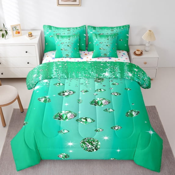 Manfei Sequin Print Twin Bedding Sets 7pcs,Diamond Pattern Bedding Comforter Set 7pcs,Green Bling Sheet Sets,Lightweight Room Decor Reversible
