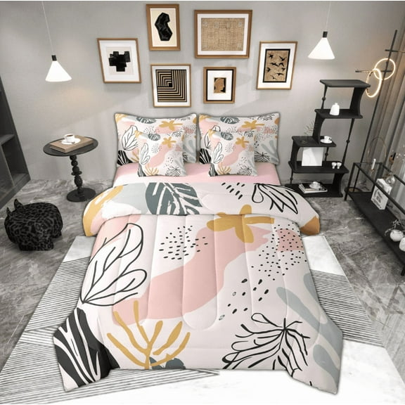 Manfei Setch Flower Floral Twin Bedding Sets 7-Piece,Abstract Geometric Aesthetic Bedding Comforter Set,Pink Black Sheet Sets For Adults,Super Cozy Room Decor,Reversible