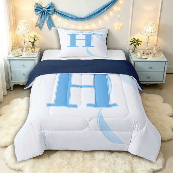 Manfei Shabby Chic Bow Tie Letter Monogrammed H Twin Comforter Sets 3-Piece for Girls Women,Blue Ribbon Bow Knot Bedding Set for Kids Teens,Navy Blue Reversible,Breathable Home Decor