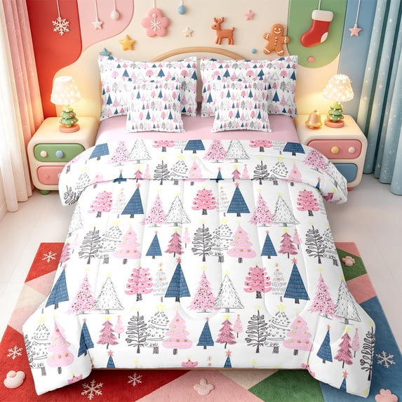 Manfei Shabby-Chic Snowflake 7-Piece Twin Bedding,Xmas Farm Cattle Bedding Comforter Set,Pink Reversible