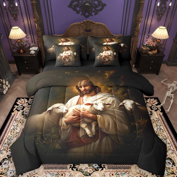 Manfei Sheep 7 Pieces Bedding Comforter Set for Prayer Kids, Lamb Farm Animal Full Bedding Set, Christmas Theme Reversible Fitted Sheet Flat Sheet, Luxury Bedroom Decor