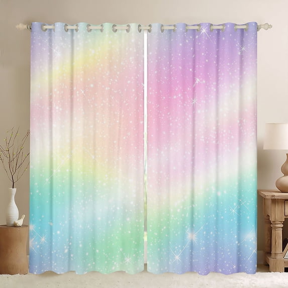 Manfei Shimmer Aurora Curtains and Drapes Pack of 2 (52x63 Each), Twinkle Star Print Black Out Curtains, Pink Green
