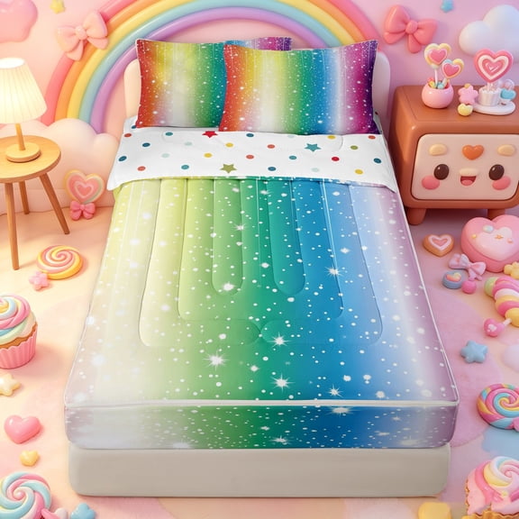 Manfei Shiny Rainbow Stripe Zipper Full Size Comforter Sets with Fitted Sheet and 2 Pillowcases, Sparkle Star Zipper Bedding Set, Blue Orange, Polkadot Reversible, 4 Pieces