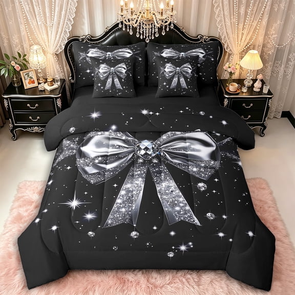 Manfei Shiny Sequins Grey Bow Knot Bedding Comforter Set 7pcs,Girls Stylish Glitter Print Bow Queen Bedding Sets,Black Reversible