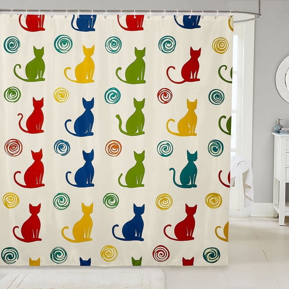 Manfei Silhouette Cat Shower Curtain 72Wx78L, Swirl Dot Bath Curtain, Red Green
