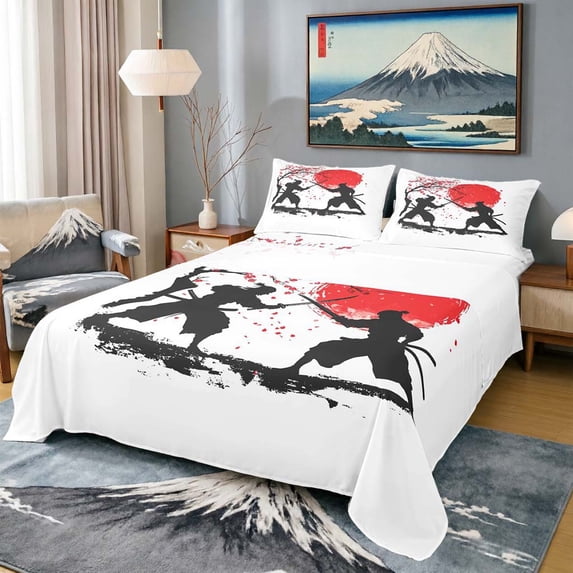 Manfei Silhouette Samurai Queen Sheet Sets for Teens, Duel Sakura Bed Set for Dorm, Black Red White 4 Pieces, 1 Flat Sheet, 1 Fitted Sheet and 2 Pillowcases