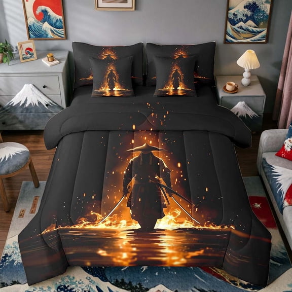 Manfei Silhouette Samurai Twin Bedding Sets for Home, Fire Sword Bedding Comforter Set for Office, Black Gold, Black Reversible7 Pieces