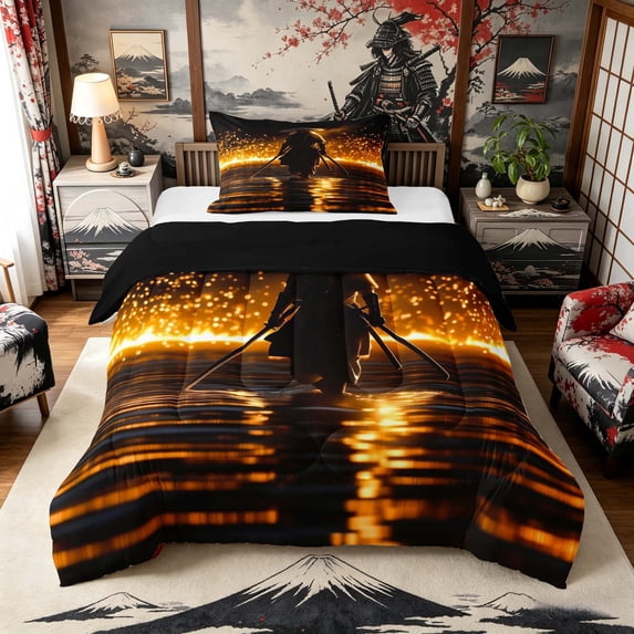 Manfei Silhouette Samurai Twin Comforter Sets for Boys Men, Fire Water Bedding Set, Black Gold, Black Reversible 2-Piece, 1 Comforter and 1 Pillowcase