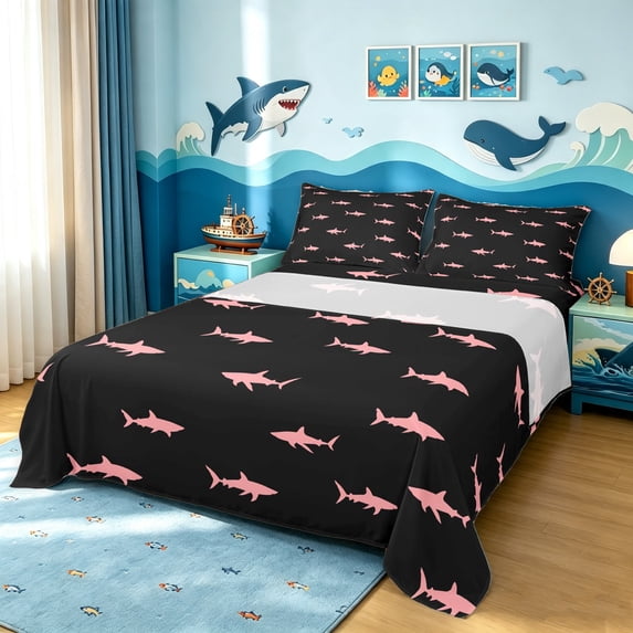 Manfei Silhouette Shark King Sheets, Ocean Animal Bedding, Black Pink, 4-Piece, 1 Flat Sheet, 1 Fitted Sheet and 2 Pillowcases