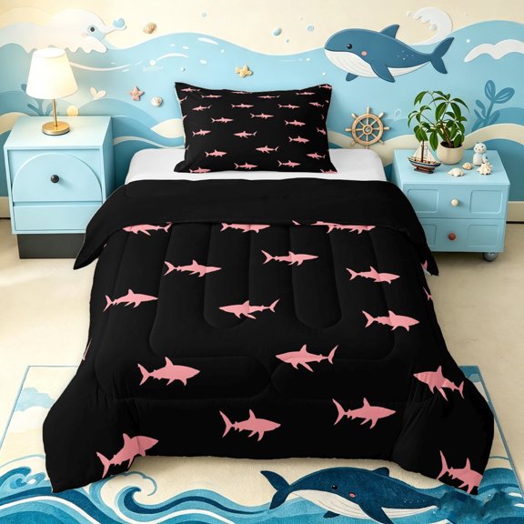 Manfei Silhouette Shark Twin Comforter Sets, Ocean Animal Bedding Set, Black Pink, Black Reversible, 2-Piece, 1 Comforter and 1 Pillowcase