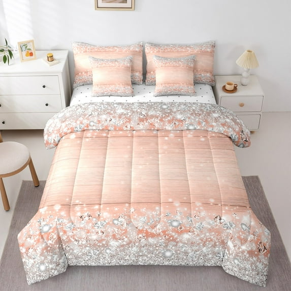 Manfei Silver Sparkling Print Bedding Comforter Set 7-Piece,Chic Diamond Pearl King Bedding Sets,Romantic Print Bed Sheets For Girl,Ultra Soft Home Decor Reversible