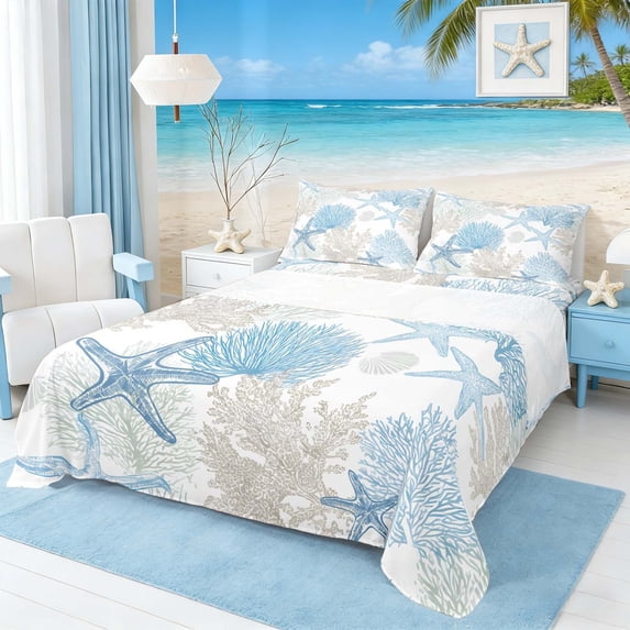 Manfei Simple Blue Starfish Coral Full Size Sheets for Kids Boys and Girls, Coastal Bed Sheets 4 Pieces, 1 Flat Sheet, 1 Fitted Sheet and 2 Pillowcases