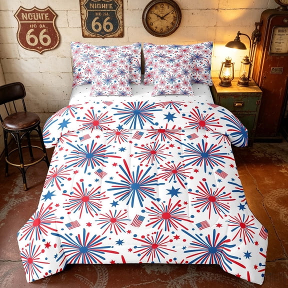 Manfei Simple Firework Twin Bedding, Minimalist US Flag Bedding Comforter Set, Red White Blue, Reversible 7 Pieces