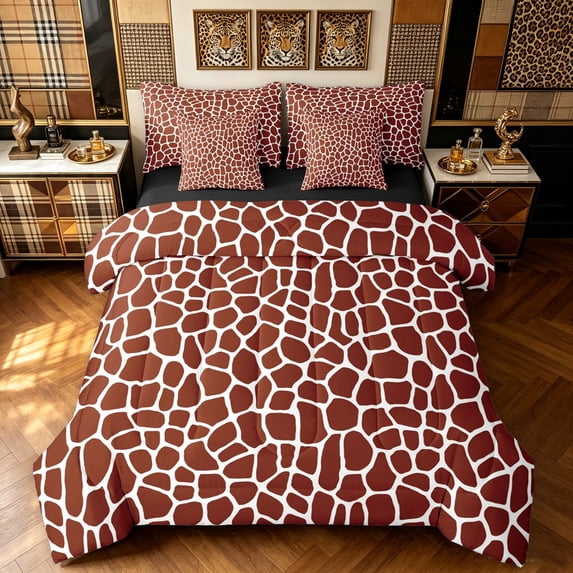 Manfei Simple Giraffe Print King Bedding, Minimalist Abstract King Bed in a Bag, Brown Red, Black Reversible, 7pcs
