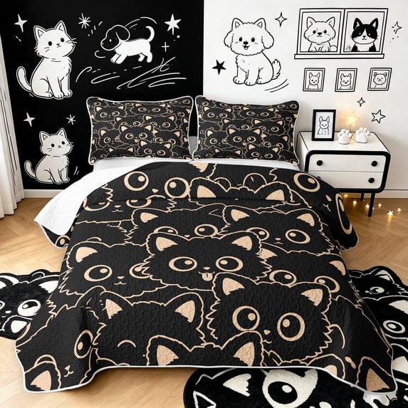 Manfei Simple Kitten Bed Spread Queen, Beige Line Cat Queen Coverlet Set, Black Orange, 3pcs, 1 Quilt and 2 Pillowcases