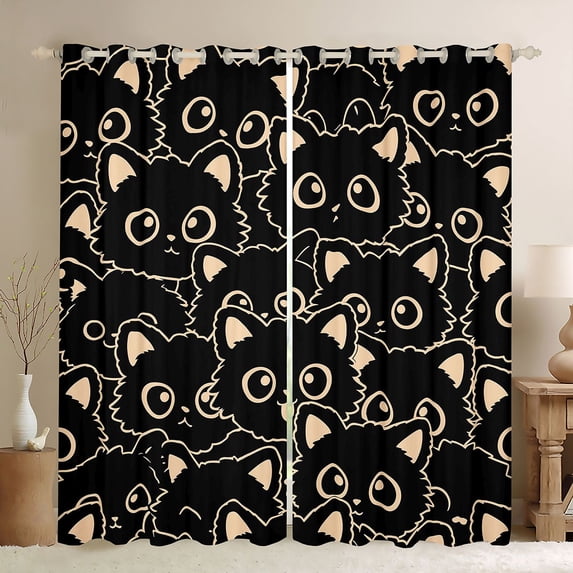 Manfei Simple Kitten Blackout Curtains, Beige Line Cat Curtains Pack of 2 (42x84 Each), Black Orange