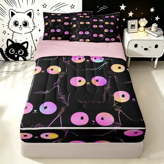 Manfei Simple Line Cat Zipper Full Size Comforter Sets with Fitted Sheet and 2 Pillowcases, Abstract Kitten Zipper Bedding Set, Black Pink Orange, Pink Reversible, 4 Pieces