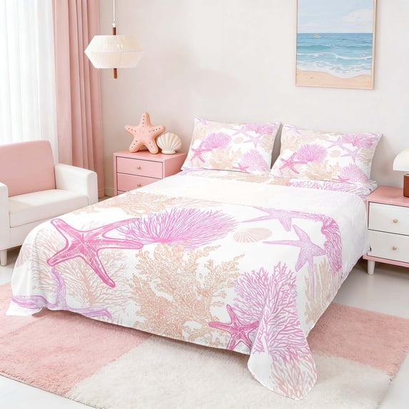 Manfei Simple Pink Starfish Coral Seashell Full Size Sheets for Girls, Coastal Bed Sheets 4pcs, 1 Flat Sheet, 1 Fitted Sheet and 2 Pillowcases