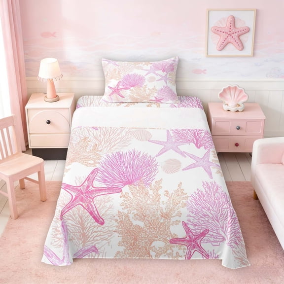 Manfei Simple Pink Starfish Coral Seashell Twin Sheet Sets for Girls, Coastal Bedding 3pcs, 1 Flat Sheet, 1 Fitted Sheet and 1 Pillowcase