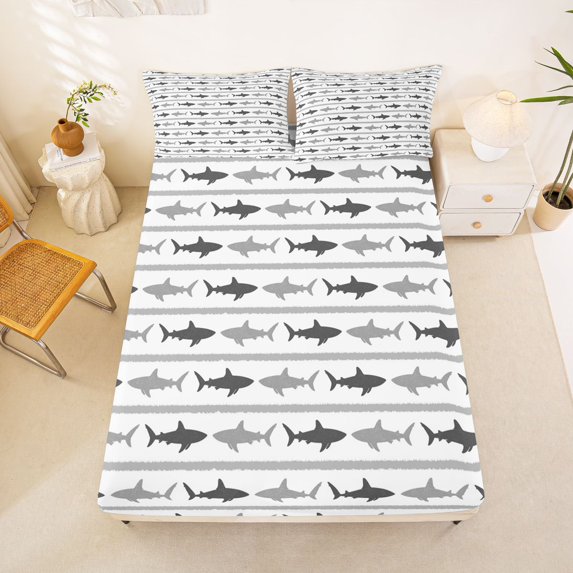 Manfei Simple Shark Fitted Sheet Queen, Abstract Stripe Bedding, Gray, 3-Piece, 1 Fitted Sheet and 2 Pillowcases