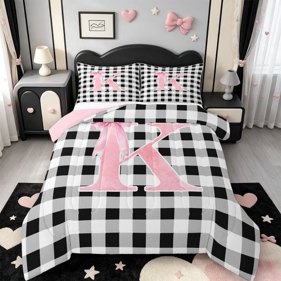 Manfei Simple Square Checkered Full Size Comforter Sets,Personalized Letter K Gifts Bedding Comforter Set,Pink Reversible,3 Pieces,1 Comforter and 2 Pillowcases