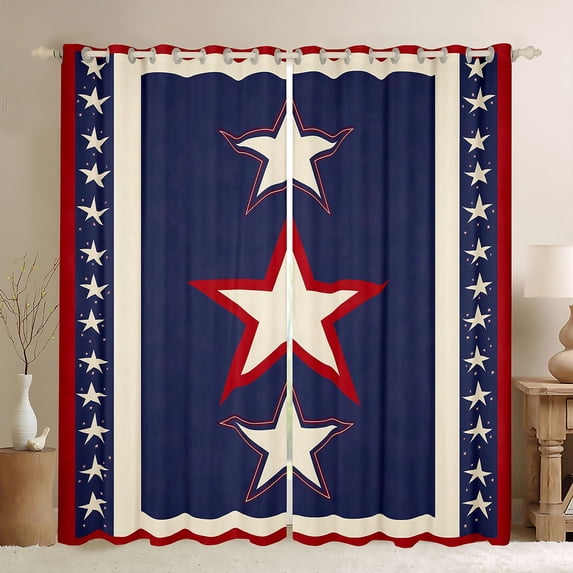 Manfei Simple Star Pattern Kitchen Curtains, Patriotic Black Out Curtains Pack of 2 (42x63 Each), Red White Blue