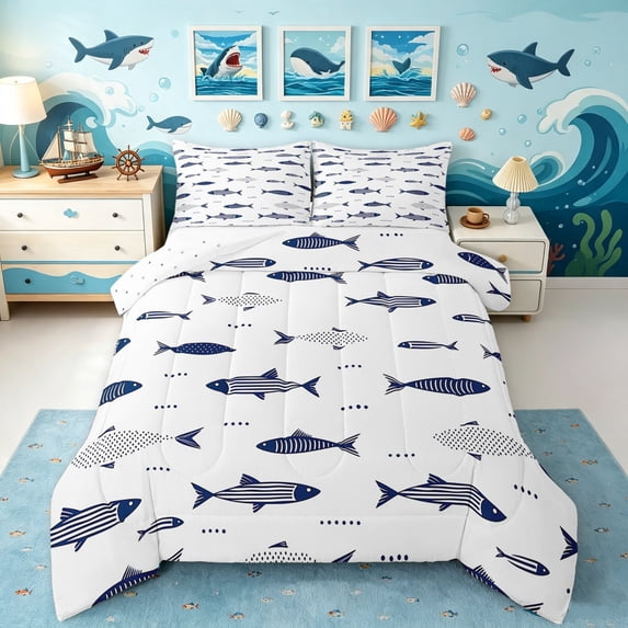 Manfei Simple Striped Fish Queen Comforter Set, Dotted Marine Comforter Sets Queen, Navy White, Reversible, 3 Pieces, 1 Comforter and 2 Pillowcases