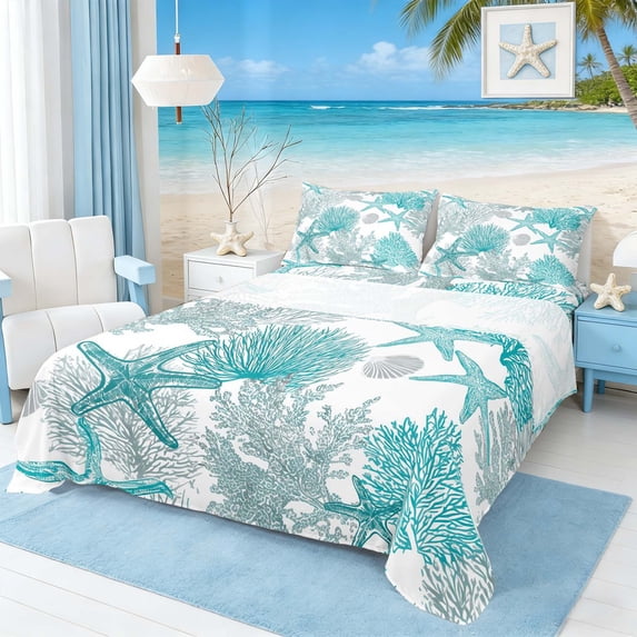 Manfei Simple Teal Starfish Coral Seashell Full Size Sheets for Kids Boys and Girls, Coastal Bed Sheets 4 Pieces, 1 Flat Sheet, 1 Fitted Sheet and 2 Pillowcases