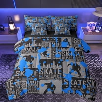 Manfei Skate Gamer 7-Piece Twin Bedding Sets,Blue Splashing Ink Bedding Comforter Set,Vintage Geometric Plaid Sheet Sets For Boys Teens,Ultra Soft Home Decor Reversible