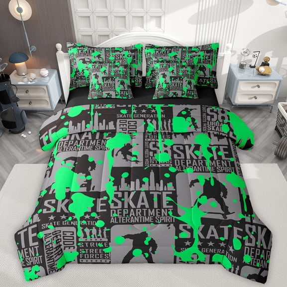 Manfei Skate Sport Game 7-Piece Bedding Comforter Set,Watercolor Splatter Ink King Bedding Sets,Gray Green Bed Sheets For Boys Kids,Luxury Bedroom Decor Reversible