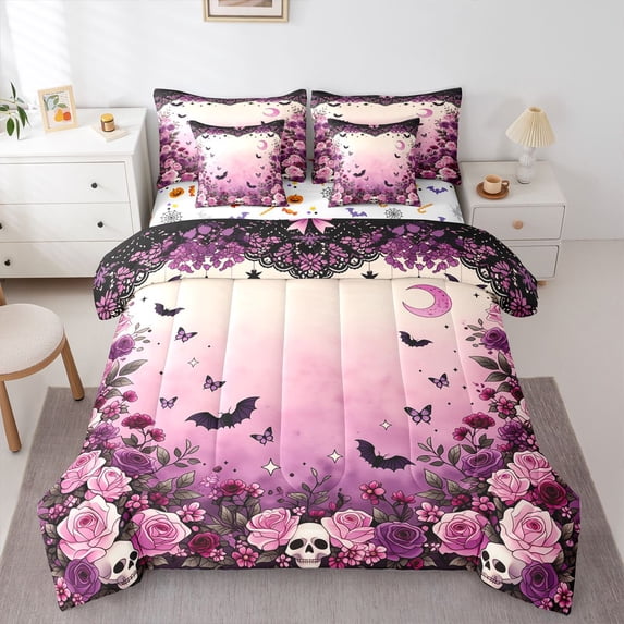 Manfei Skeleton Halloween Bats 7pcs Queen Bedding,Cute Flowers Bedding Comforter Set Queen,Purple,Halloween Reversible