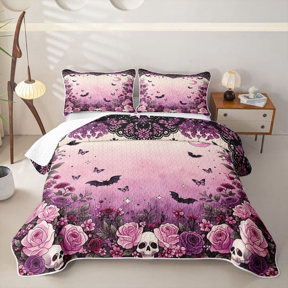 Manfei Skeleton Halloween Bats Bed Spread Queen,Cute Flowers Queen Coverlet Set,Purple,3-Piece