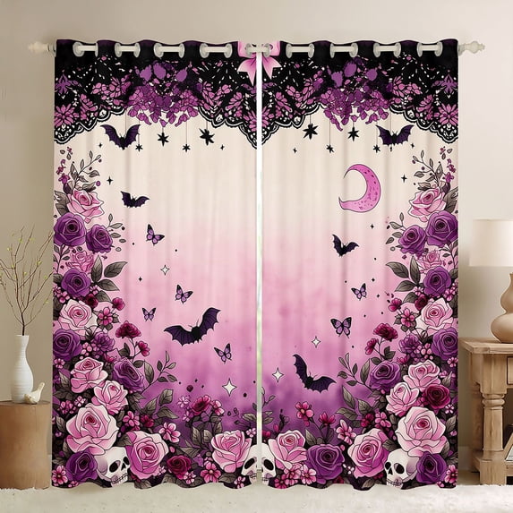Manfei Skeleton Halloween Bats Blackout Curtains,Cute Flowers Curtains Pack of 2 (42x84 Each),Purple