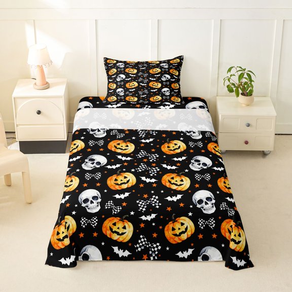 Manfei Skeleton Halloween Twin Sheets,Autumn Pumpkins Bedding,Black,3pcs,1 Fitted Sheet and 1 Pillowcase