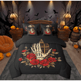 thumbnail image 1 of Manfei Skeleton Skull Hand Bedding Comforter Set 7pcs, Red Rose Floral Flower Queen Bedding Sets, Gothic Romantic Style Reversible Queen Sheet Sets, Luxury Bedroom Decor, 1 of 8