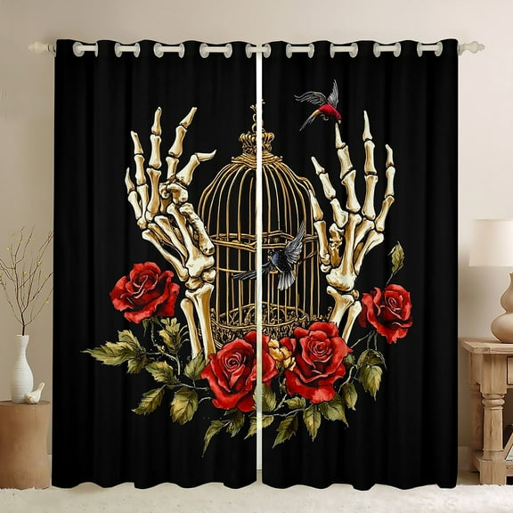 Manfei Skeleton Skull Hands Black Out Curtains, Red Rose Floral Flower Curtains Pack of 2 (42x63 Each), Gothic Romantic Bedroom Curtains, Window Curtains Bedroom Decor
