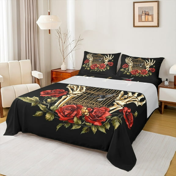 Manfei Skeleton Skull Hands Twin Sheet Sets, Red Rose Floral Flower Twin Fitted Sheet, Gothic Romantic Flat Sheet, Microfiber Bedroom Decor, 3-Piece