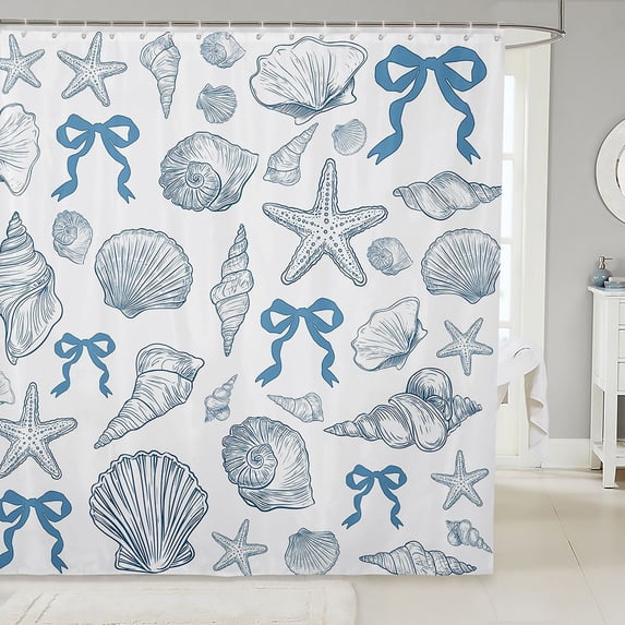 Manfei Sketch Conch Bowknot Shower Curtain 72Wx72L,Scallop Ocean Bathroom Curtain
