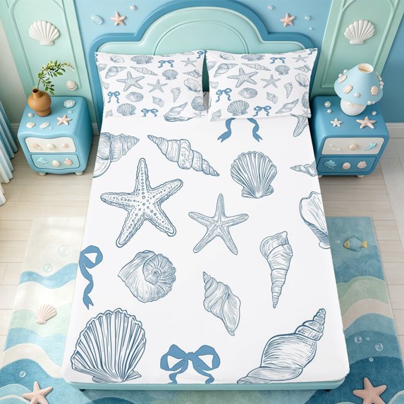 Manfei Sketch Conch Bowtie Fitted Sheet Queen,Scallop Ocean Bedding,3-Piece,1 Fitted Sheet and 2 Pillowcases