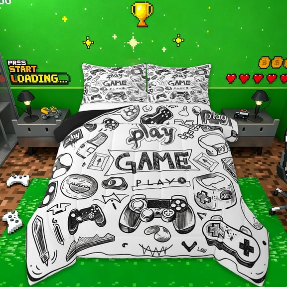 Manfei Sketch Gamepad Bedding Comforter Set,Modern Video Game Twin Comforter Sets,White Black Bedding Set For Boys Kids,Super Cozy Bedroom Decor Reversible,2-Piece