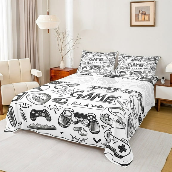 Manfei Sketch Gamepad Twin Sheet Sets,Modern Video Game Twin Fitted Sheet,White Black Flat Sheet For Boys Kids,Super Cozy Bedroom Decor,3-Piece