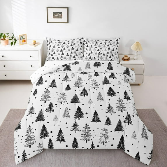Manfei Sketch Pine King Size Comforter Sets,Natural Tree Bedding Comforter Set,White Black Bedding Set For Teens,Uper Cozy Room Decor Reversible,3pcs