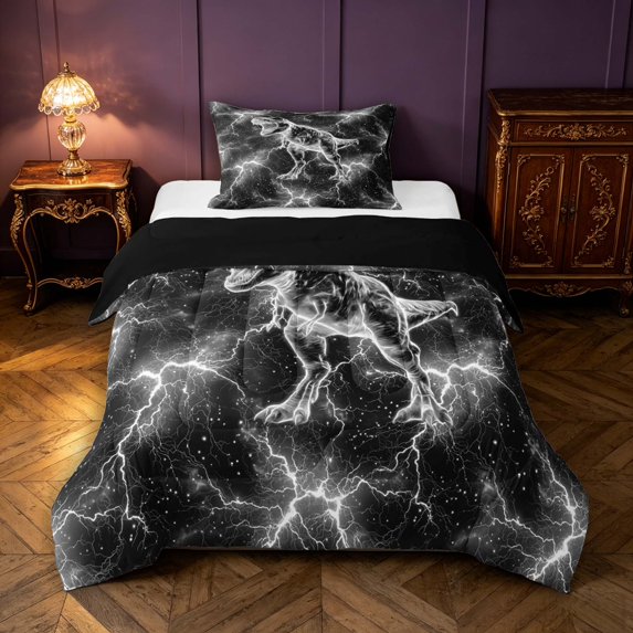 Manfei Sketch T-Rex Wildlife Twin Comforter Sets,Vintage Lightning Bedding Set,Gray Black,Black Reversible,2pcs,1 Comforter and 1 Pillowcase