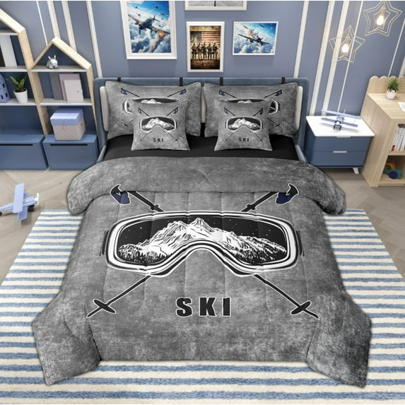 Manfei Ski Print Bedding Comforter Set 7 Pieces, Grunge Gray Queen Bedding Sets, Sports Theme Queen Sheet Sets, Ultra Soft Home Decor